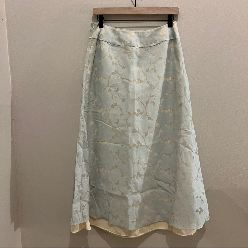J.Jill Burnout Linen Blend Floral Overlay Midi Faux Wrap Skirt Blue Cream Size 8 - Picture 9 of 16